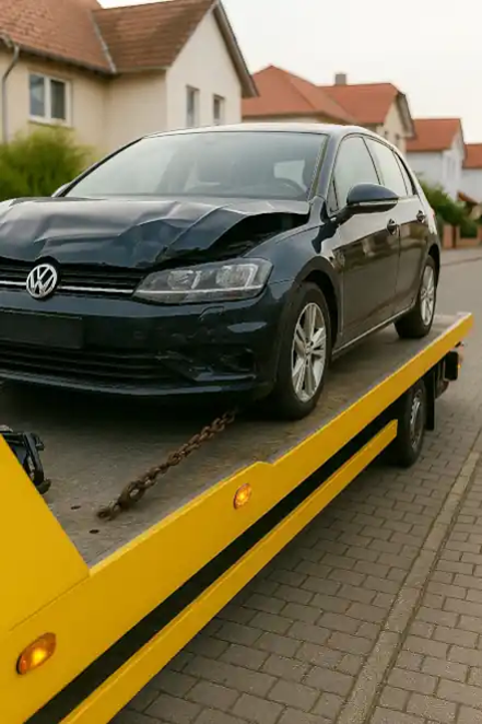 Ein defektes Auto, das professionell abgeschleppt wird, um es beim Autoankauf in Ahlen zu bewerten.